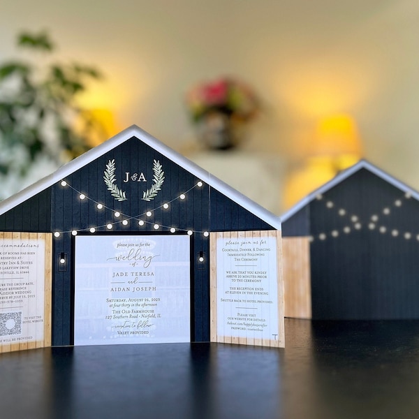 Modern Elegant Black Barn Wedding Invitation with Folding Doors and Strings of Lights • Barn Wedding Invitation 2023