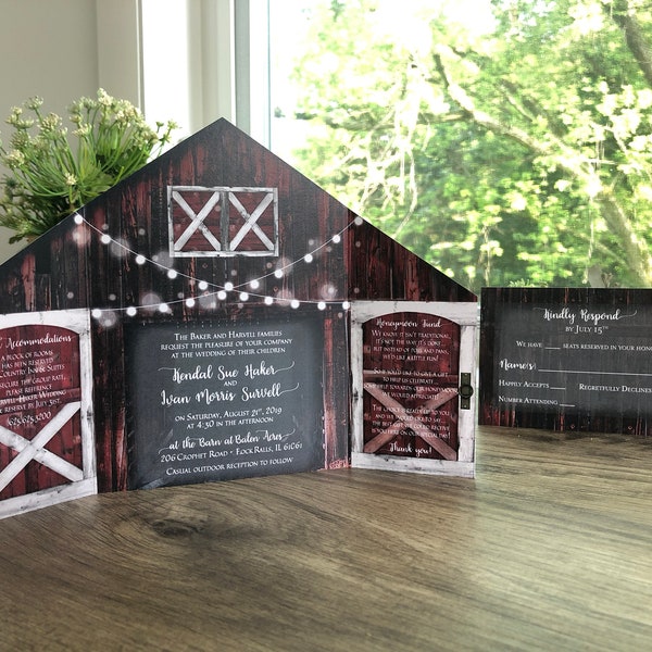 Rustic Red Barn Wedding Invitation with Folding Doors and Strings of Lights • Barn Wedding Invitation 2022