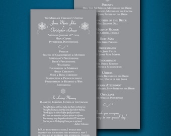 Winter Wedding Ceremony Program • Gray background, white snowflakes • Wedding Party listing •