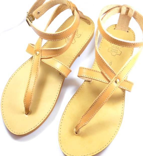 Ojotas sandalias de cuero natural forma T con tobillo correa | Etsy México