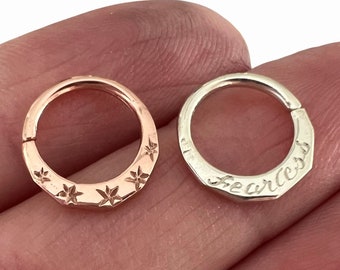 Fearless / Engraved stars septum hoops in 9ct rose or white gold