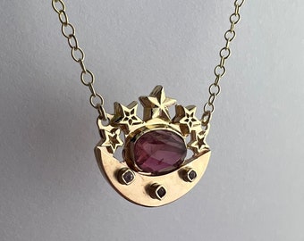 Pink tourmaline and 9ct gold star collage necklace