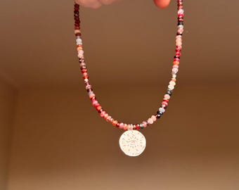 15 - Spinel and sterling silver eye engraved medallion beaded necklace