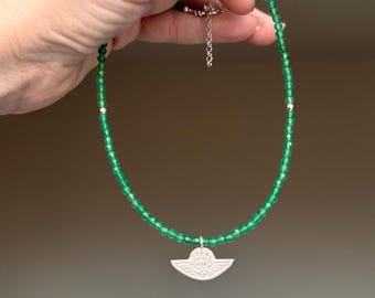11 - Green agate and sterling silver angel beaded necklace