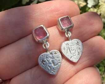 Pink tourmaline heart drop earrings sterling silver
