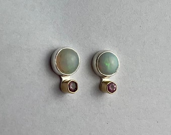 Opal studs in sterling silver with pink sapphires set in 9ct gold