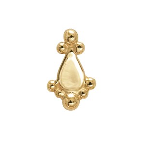 May include: A gold teardrop-shaped earring with a beaded design. The earring is made of 14k gold and is perfect for adding a touch of elegance to any outfit.
