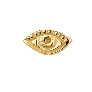 May include: Gold evil eye charm with a detailed design. The eye is surrounded by a textured border.