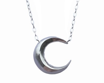 Large Chunky Carved Moon Necklace Sterling Silver