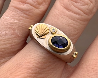 18 - Iolite and diamond, seashell ring, sterling silver and 18ct gold