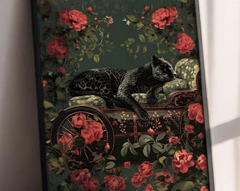 Black Panther on Vintage Carriage Wall Art, Dark Floral Luxury Decor, Moody Maximalist Animal Print, Elegant Gothic Home Poster