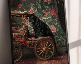 Black Panther Wall Art, Dark Floral Art Print, Gothic Animal Decor, Moody Vintage Wall Decor, Printable Download