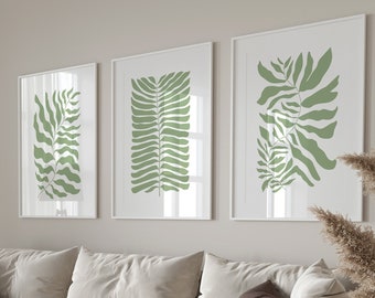 Sage Green Leaf Print Set: Boho Bedroom Wall Art (Digital Download)
