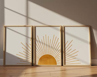Halverwege de eeuw moderne muurkunst set van 3, kunst aan de muur boven het bed, boho gouden zon decor, minimalistische galerij digitale download kunst