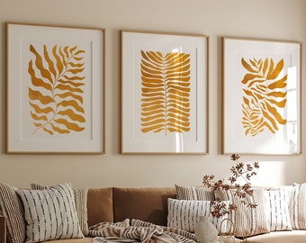 Mid Century Modern Set Of 3 Prints, Wall Art Printable Boho Abstract Wall Art, Mid century 3 Piece Wall Art, Digital Download Gold Art