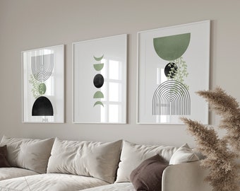 Sage Green Mid Century Modern Wall Art: Set of 3 Prints (Digital Download)