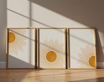 Halverwege de eeuw moderne muurkunst set van 3, Sunburst abstracte prints, boho neutraal beige zon decor, minimalistische galerij muur afdrukbare