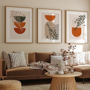 Boho Wall Art Set of 3 – Terracotta Abstract Botanical Prints, Minimalist Digital Download Decor
