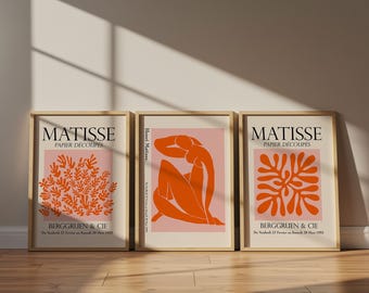 Matisse wanddecoratie set van 3, oranje en roze prints, wanddecoratie in mid-century stijl, Scandinavische wanddecoratie, set voor een galerijwand, printbare wanddecoratie
