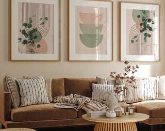 Set van 3 wanddecoraties in mid-century modern stijl | Saliegroene boho digitale prints