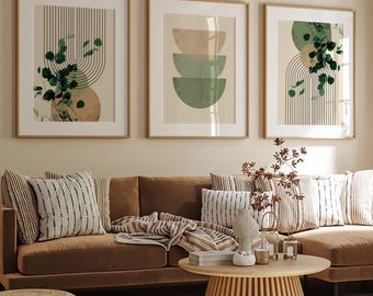 Mid Century Modern Wall Art Set of 3 - Sage Green Abstract Prints