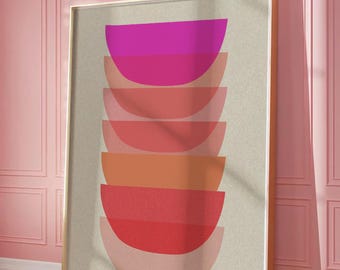 Kleurrijke gestapelde vormen abstracte print | Dopamine-decoratiekunst aan de muur | Roze oranje halverwege de eeuw modern | Downloadbare kunst