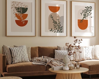 Mid Century Modern Prints, Eclectic Gallery Set of 3 Wall Art – Terracotta Decor