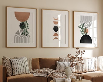 Mid Century Modern Set Of 3 Wall Art Prints, Neutral Wall Art Digital Download, Boho Art Print, Abstract Modern Art