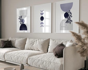 Marineblauwe geometrische prints, set van 3 moderne boho's uit het midden van de eeuw
