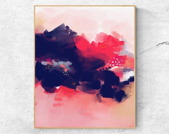 May include: Abstract painting with pink, red, and blue hues. The painting features large, brushstroke-like shapes and a textured background.
