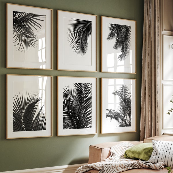 Botanical Prints Set Of 6 Black And White, Palm Leaf Print Set, Set Of 6 Prints, Download Wall Art Prints, Printable, Living Room Wall Decor