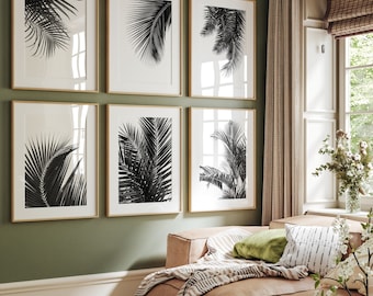 Black and White Palm Leaf Set of 6 Prints, Tropical Botanical Gallery Wall, Scandinavian Nature Decor, Printable Digital Download Bundle