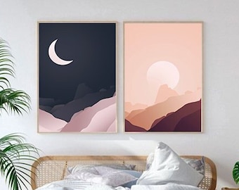 Set di stampe Sole e Luna in stile Mid-Century Modern: Boho Wall Art (download digitale)