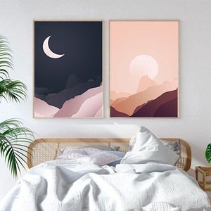 Mid Century Modern Sun and Moon Print Set: Boho Wall Art (Digital Download)