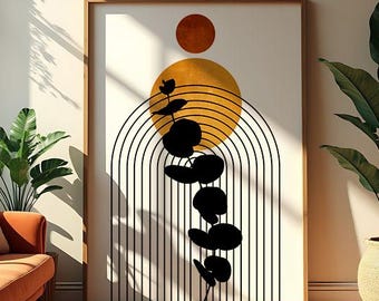 Terracotta Sun Wall Art, Mid Century Botanical Print, Boho Abstract Poster, Minimalist Arch Lines Printable