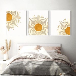 Set Of 3 Prints Gold Wall Decor, Scandinavian Wall Art, Sunrise Sunshine Wall Art Printable, Modern Minimalist Wall Art, Gold Home Decor