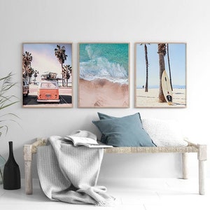 Set strandprints: surfplank, oceaan, palmbomen (digitale download)