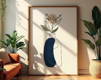 Op de afbeelding: Een ingelijste wandkunstprint met een doorlopende lijntekening van een vaas met bladerige stengels en bloemen, met een effen donkerblauwe vorm die een deel van de vaas vult en een zachte beige cirkel achter het bloemstuk.