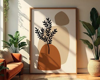 Boho terracotta muurkunst | Abstracte plantenprint | Woonkamerdecoratie in aardetinten | Afdrukbare download