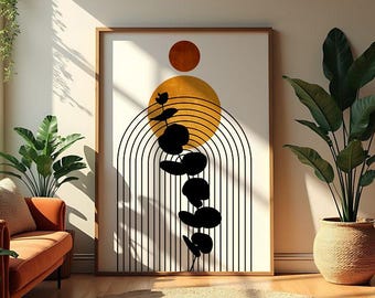 Terracotta zon muurdecoratie, botanische print uit het midden van de vorige eeuw, abstracte boho poster, minimalistische booglijnen printbaar