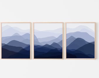 Blå abstrakta bergskonsttryck: Marinblå minimalistisk dekor (digital nedladdning)