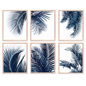 Navy Blue Botanical Print Set: Tropical Palm Leaf Gallery Wall (Digital Download)