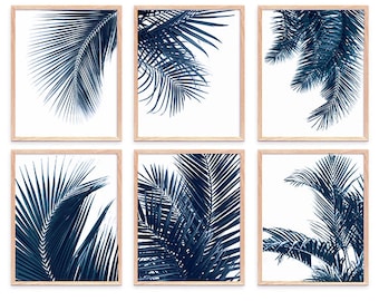 Navy Blue Botanical Print Set: Tropical Palm Leaf Gallery Wall (Digital Download)