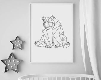 Nursery Bear Print, Bear Nursery Decor, Animal Nursery Prints, Geometric Bear Print, Nursery Wall Art Prints, Large Geometric Animal Prints