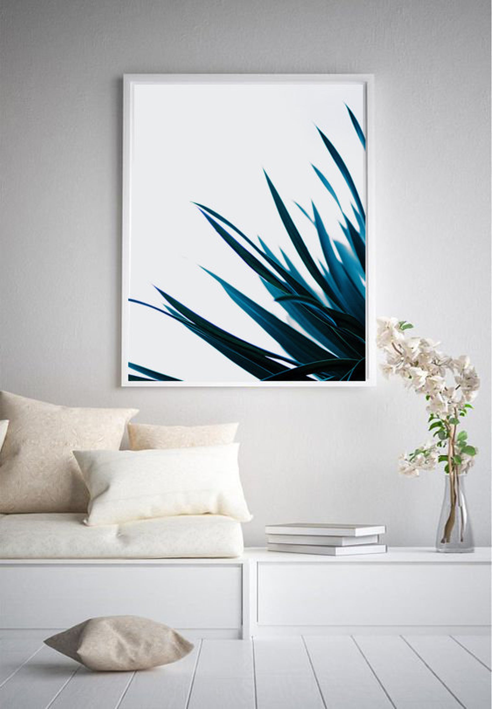 Indigo Blue Art Blue Leaves Wall Art Navy Print Tropical Etsy
