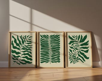 Emerald Green Botanical Prints Set of 3 – Boho Wall Art