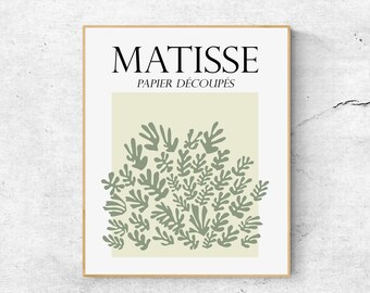 Könnte beinhalten: Ein Poster mit dem Text "MATISSE PAPIER DÉCOUPÉS" in schwarzer Schrift auf hellgelbem Hintergrund. Das Poster zeigt ein grünes abstraktes Design aus Blättern.