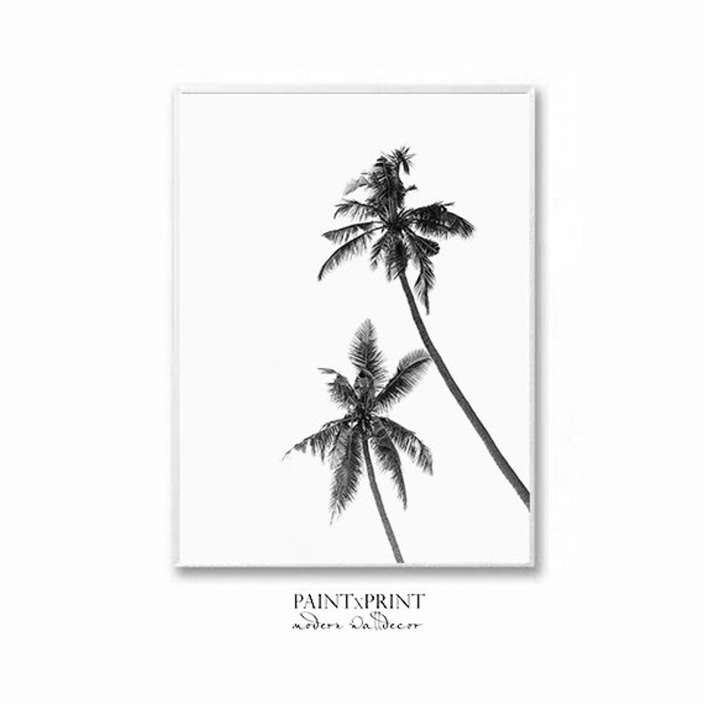 May include: Black and white framed print featuring two palm trees against a white background. The trees are detailed with their fronds and trunks. The print has the text "PAINT & PRINT modern da decor".