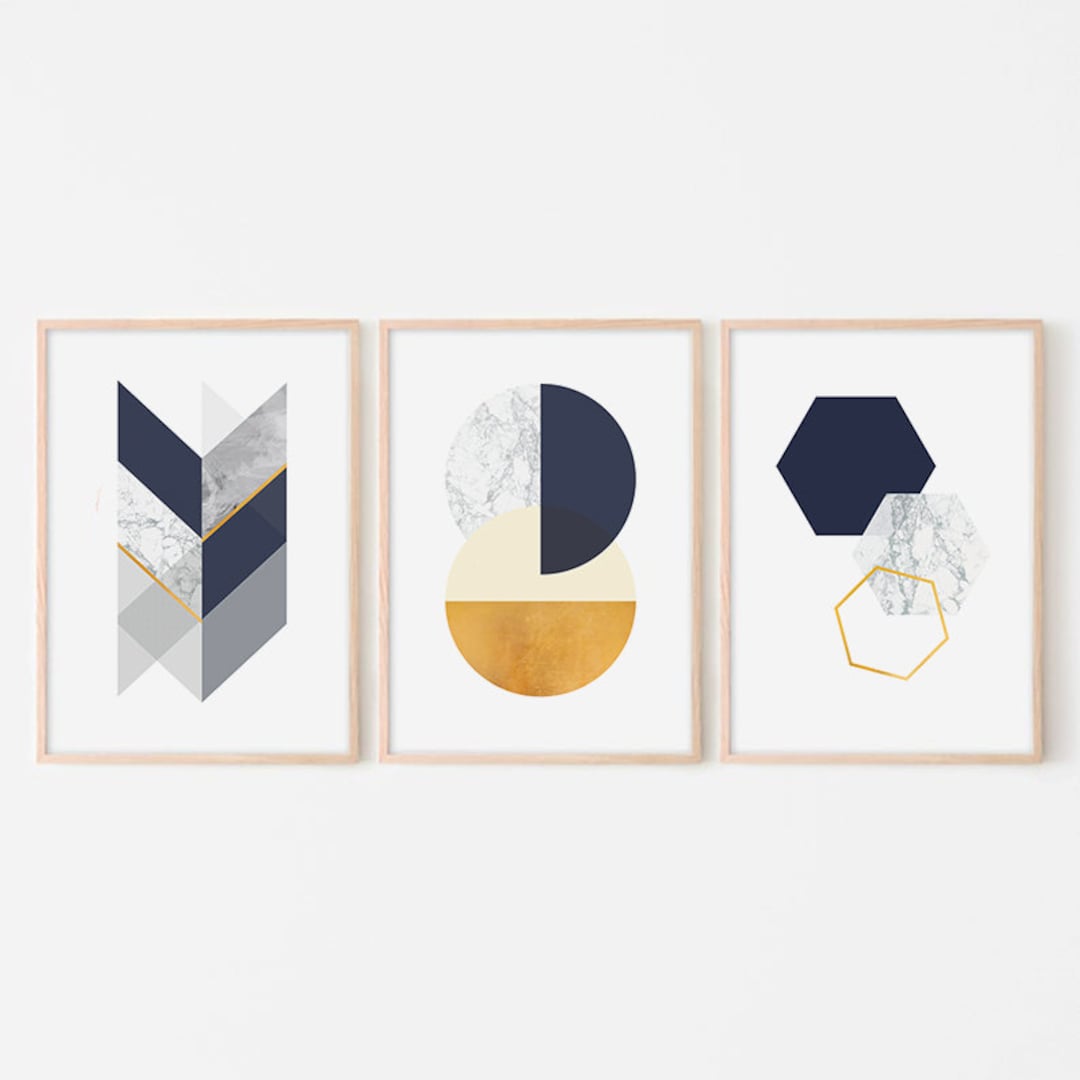 Navy Blue and Gold Prints, Set of 3 Abstract Geometric Prints, Wall Art ...