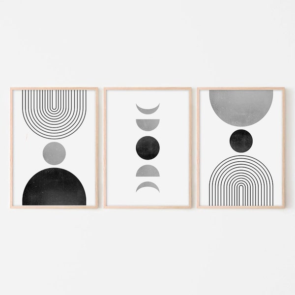 Black And White Set Of 3 Mid Century Modern Art Prints, Neutral Minimalist Wall Art Set Of 3 Prints Gallery Wall Set